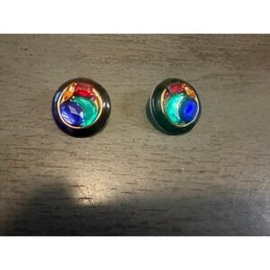 vintage DON-LIN multicolor glass cabochon earrings black enamel